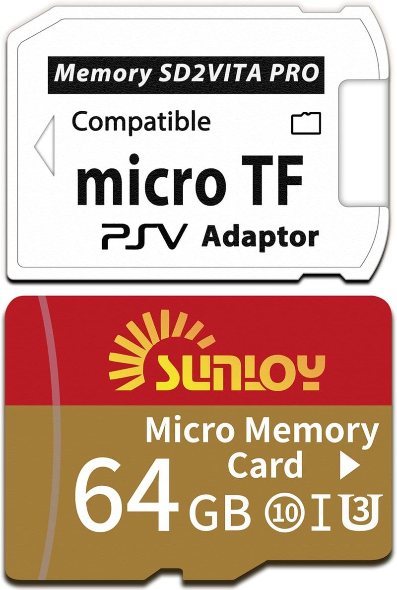 Sunloy SD2Vita 6.0 PS Vita Memory Card Adapter with 64GB Micro SD Card, High Speed microSDHC UHS-I Flash Memory Card with PSV Micro SD Card Adapter for PSV 1000/2000 PSTV FW 3.60 HENkaku Enso System - Image 1